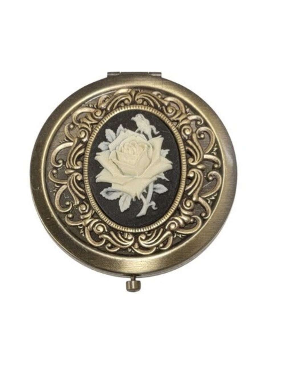 Handmade Victorian Oxidized Brass Rose Cameo Compact Mirror